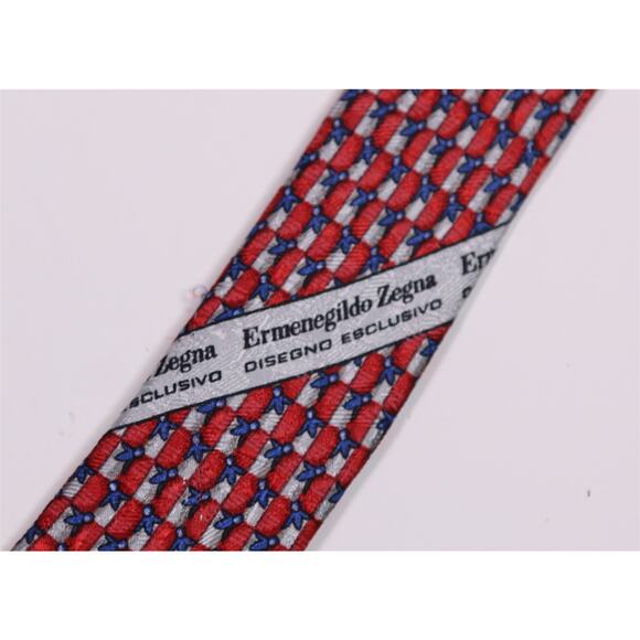 Ermenegildo Zegna Red Blue Gray Geometric Print Silk Necktie Tie - Picture 6 of 8